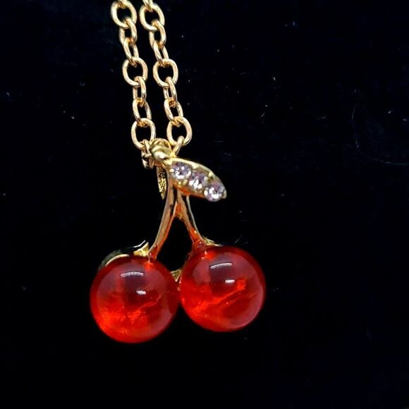 Iridescent Red Cherry 🍒 Charm Necklace Dainty Gold Chain Fruit Pendant CZ NEW - Picture 8 of 9